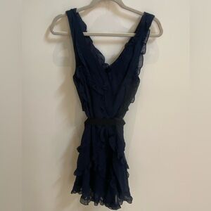 BCBG | Navy 100% Silk Ruffle V-Neck Dress | Excellent Condition | Size 8